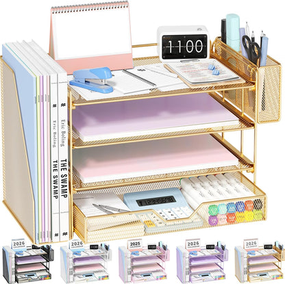 OPNICE Desk Organizers and Accessories, 4-Tier Desktop File Organizer with Drawer and Pen Holders, Office Desk Accessories Workspace Organizers for Office Supplies (Gold)