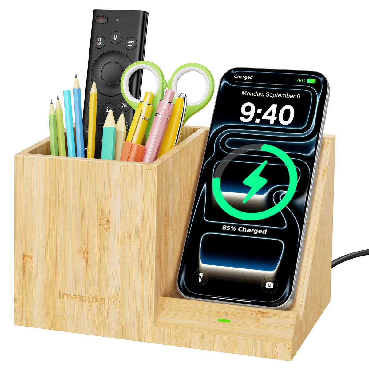 3-in-1 Bamboo Wireless Charger with Desk Organizer, Pen Holder for Desk