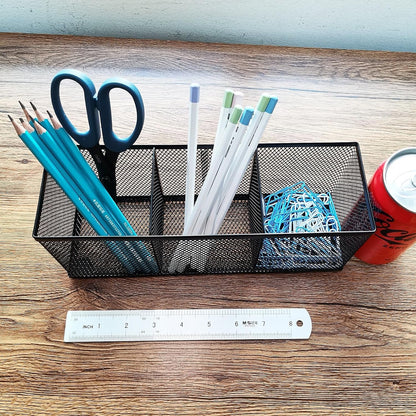 Metal Mesh Pencil Holder, Spacious 3-Compartment Desk Organizer for Pens, Makeup Brushes, Utensils, Multipurpose Office, School ,Kitchen, Home Desktop Storage, 10.43 x 3.35 x 4.04 Inches, Black