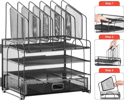 Marbrasse Desk organizer with Drawer, 4-Tier Mesh File Organizer with 5 Vertical File Holders and 2 Pen Holders, Multifunction Desktop Organizer,Desk Organizers and Accessories for Home Office